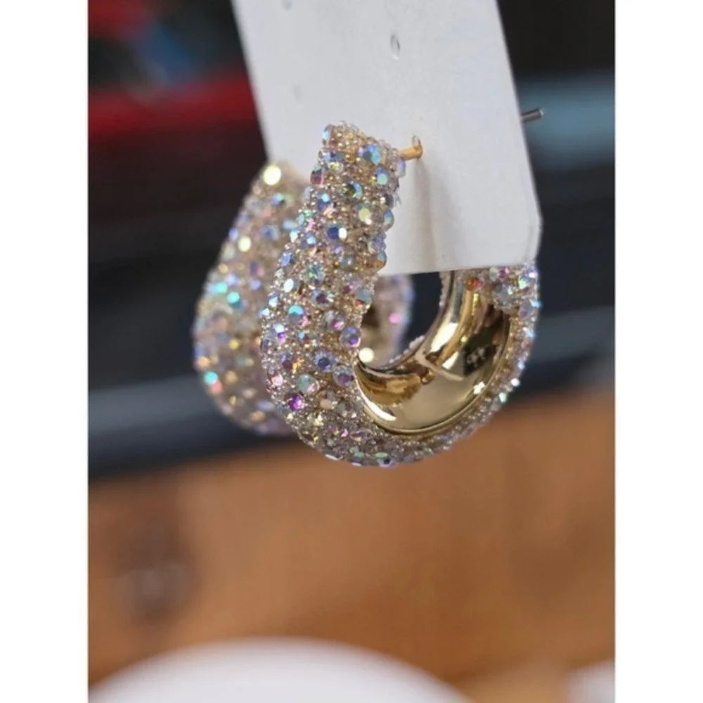 Ellas Chunky Hoop Earrings Gold Iridescent New AB Crystal Rhinestone Statement